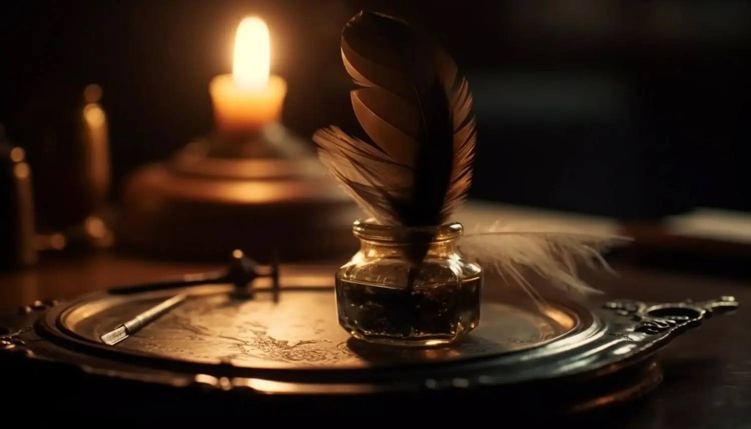 An ink feather pen inside of an ink holder. Dark lightning with a candle in the background.