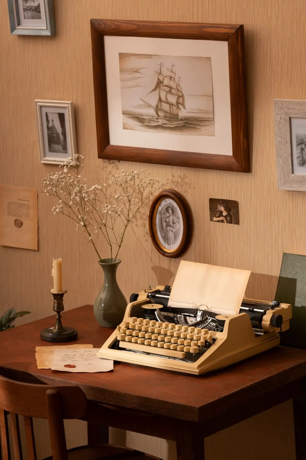 Typewriter on a table. Some paintings on the wall.